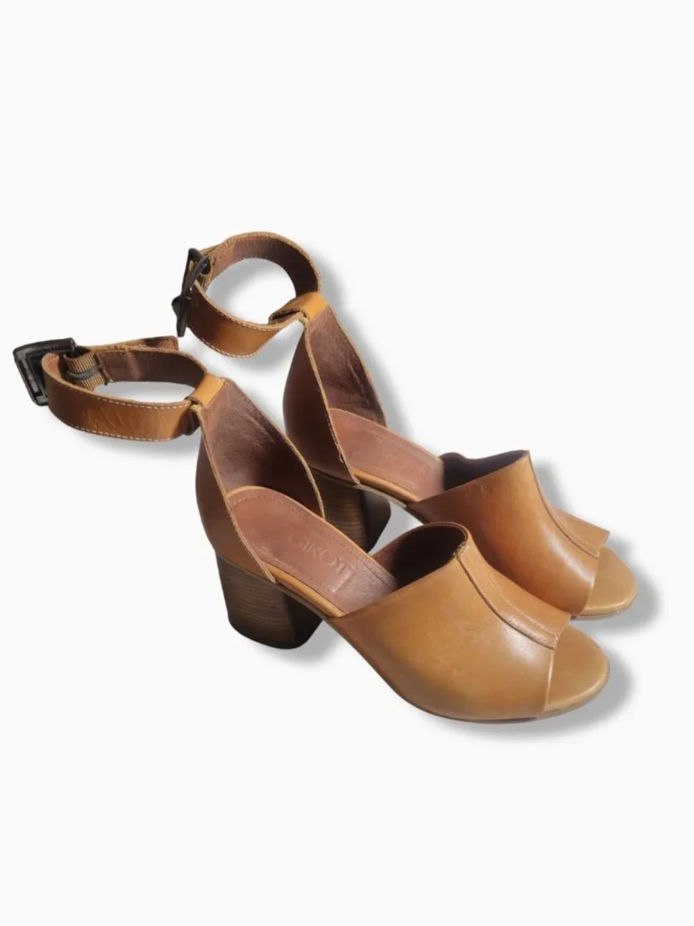 Girotti Handmade Italian Camel Leather Peep-Toe Block Heel Sandals Size EU39 US9